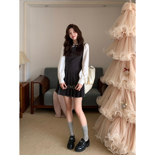 Even一雯 韩系高智秋冬精致甜美减龄假两件百褶连衣裙 留洋千金