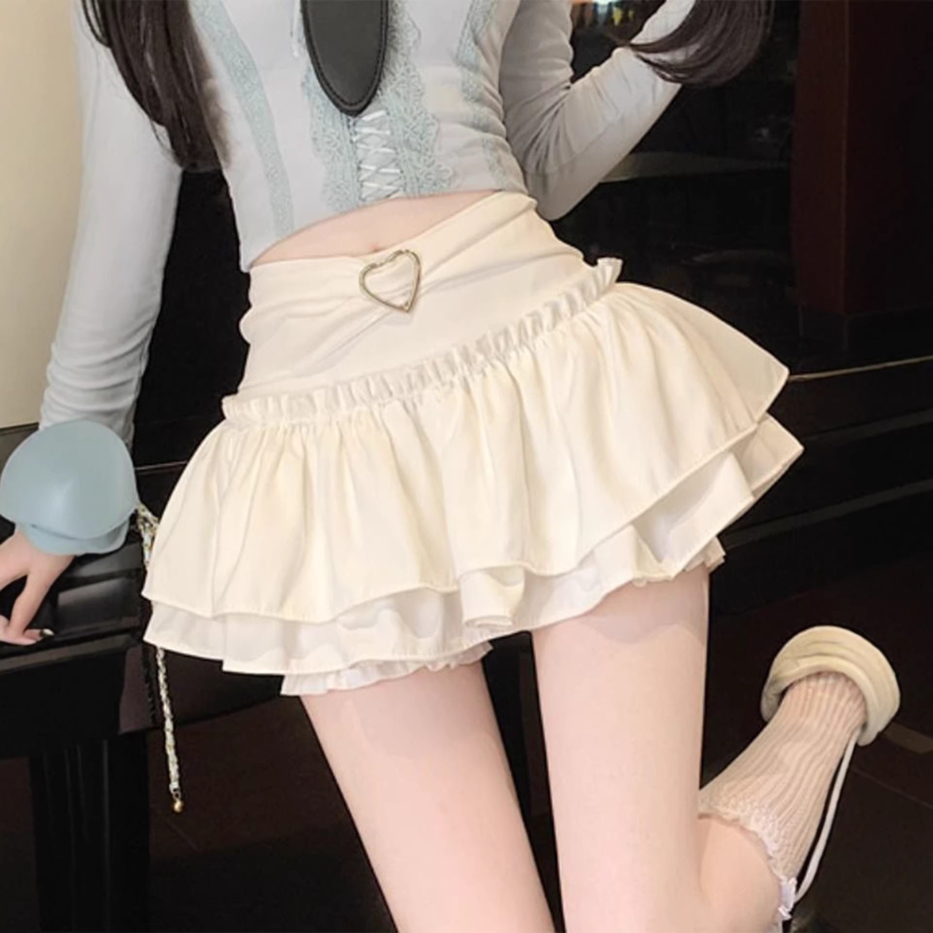 芭蕾风白色蓬蓬半身裙女春夏季高腰A字蛋糕裙防走光辣妹超短裙裤