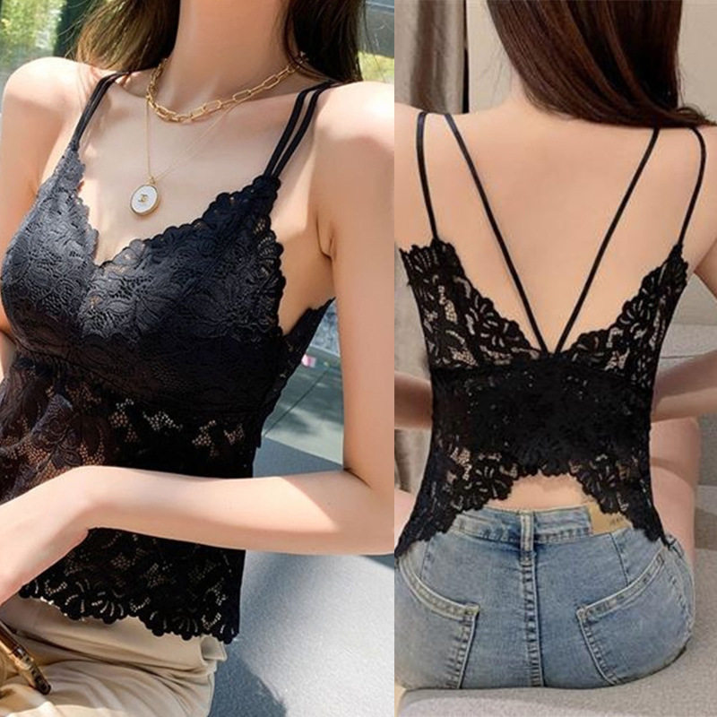蝴蝶蕾丝美背吊带女显瘦裹胸夏季薄露背裹胸带胸垫外穿无钢圈内衣
