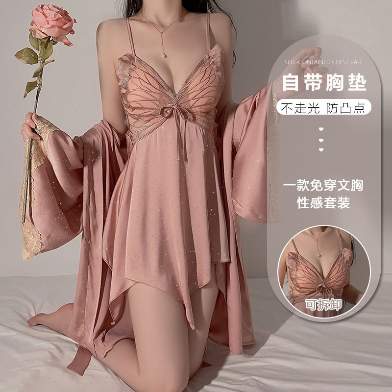 瑰若大码睡衣撒银缎面轻奢蝴蝶加胸垫吊带睡裙外袍家居服套装4415