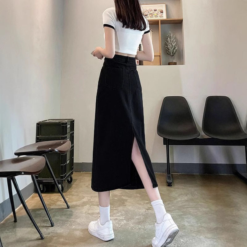 复古开叉直筒牛仔半身裙女春秋高腰显瘦黑色a字包臀中长裙子