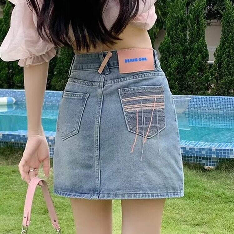 牛仔裙半身裙女 夏季新款高腰显瘦a字小个子刺绣包臀短裙子