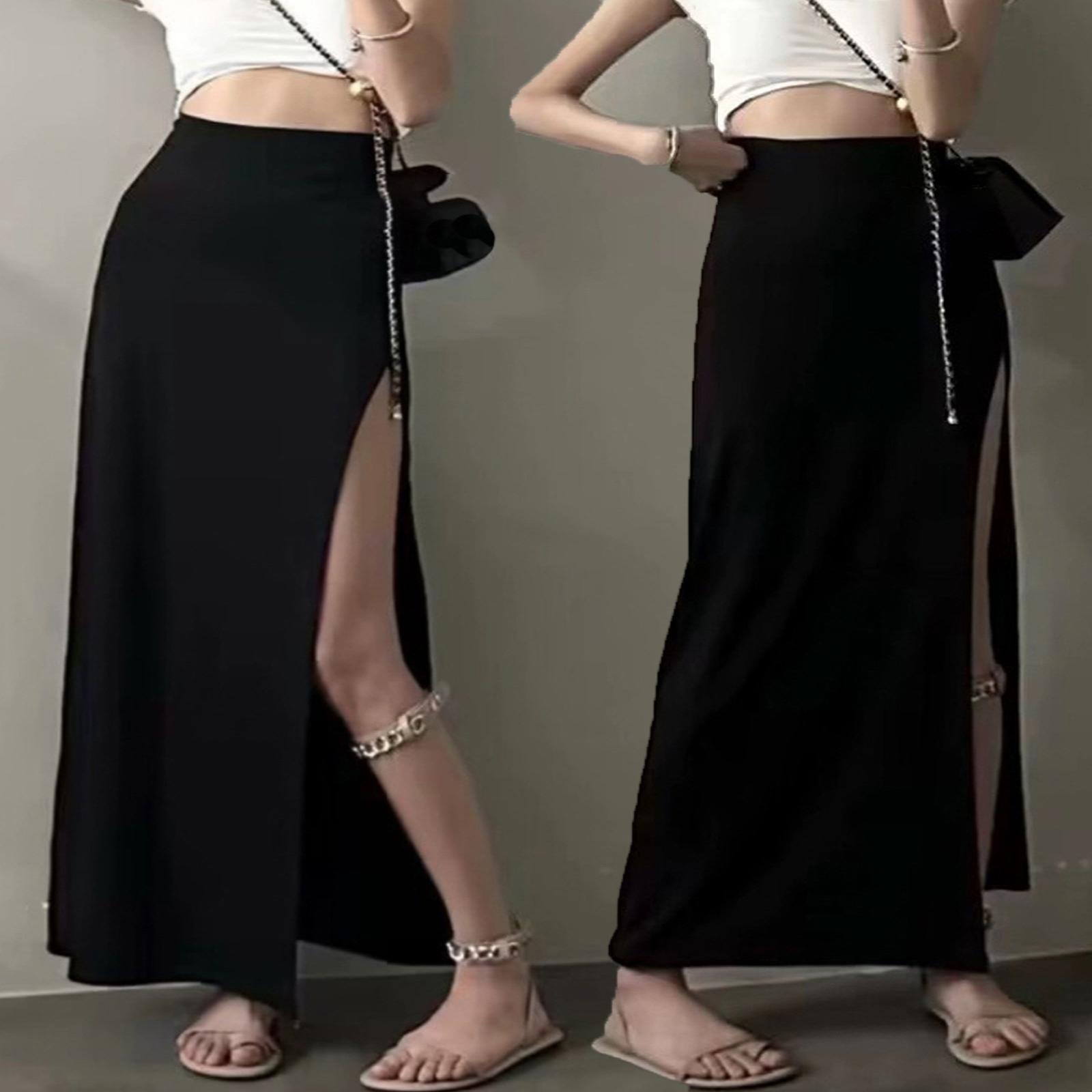 高个子薄款莫代尔半身长裙女夏侧开叉长款a字裙高腰包臀小黑裙