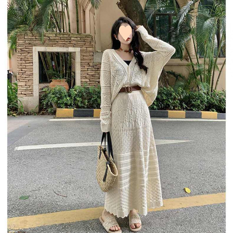 法式慵懒风高级镂空针织开衫名媛女春秋季高腰毛衣裙时尚两件套装