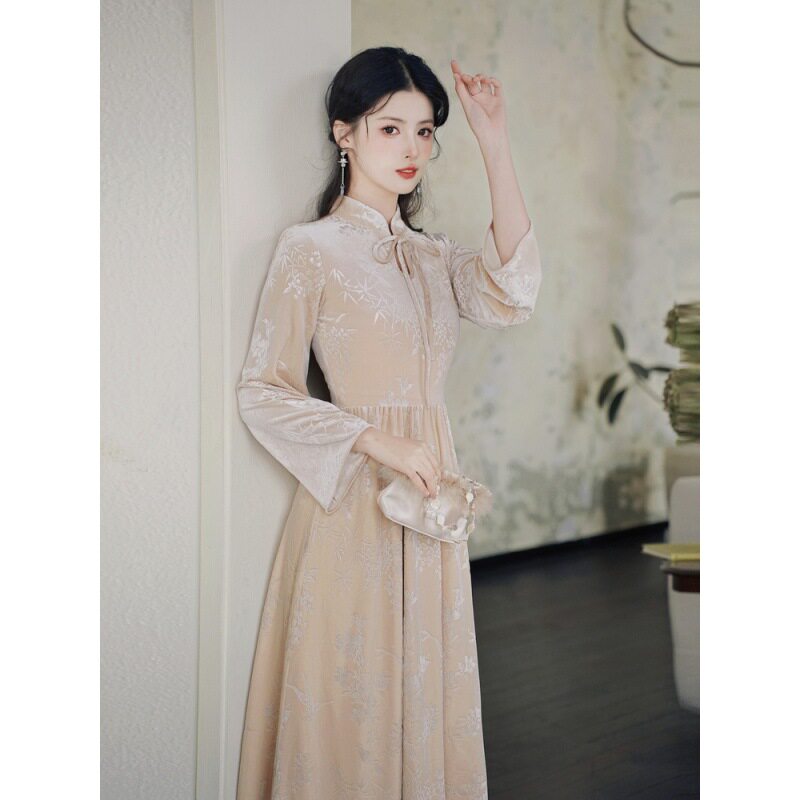 新中式国风丝绒连衣裙女冬季改良版旗袍2023新款小个子内搭打底裙