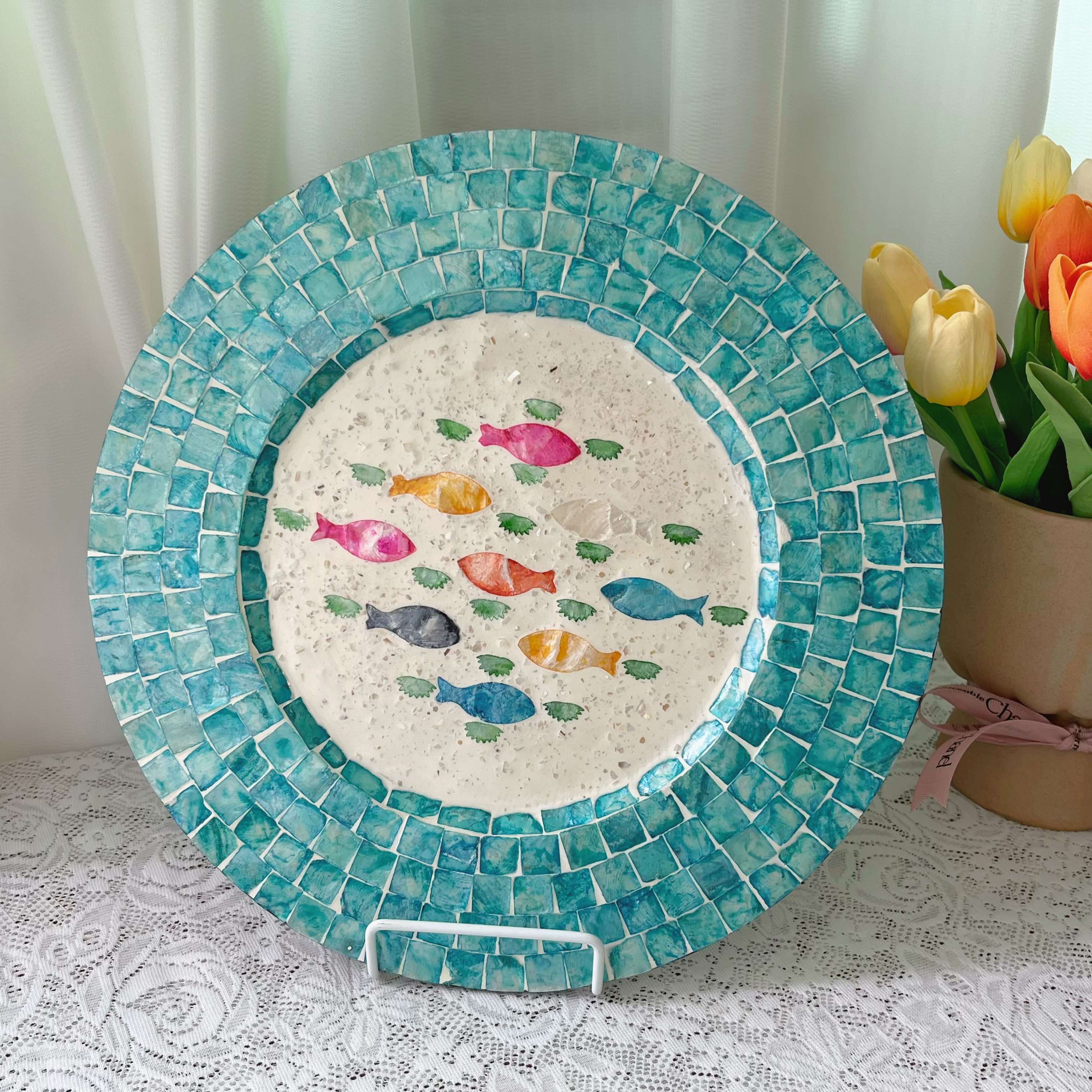 越南手工贝壳马赛克小鱼托盘 带支架 客厅玄关艺术摆盘