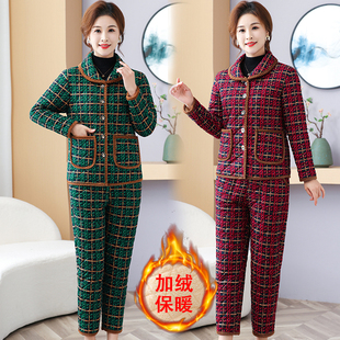 宽松加绒加厚保暖棉服格子棉袄 大码 中老年女士棉衣棉裤 两件套装