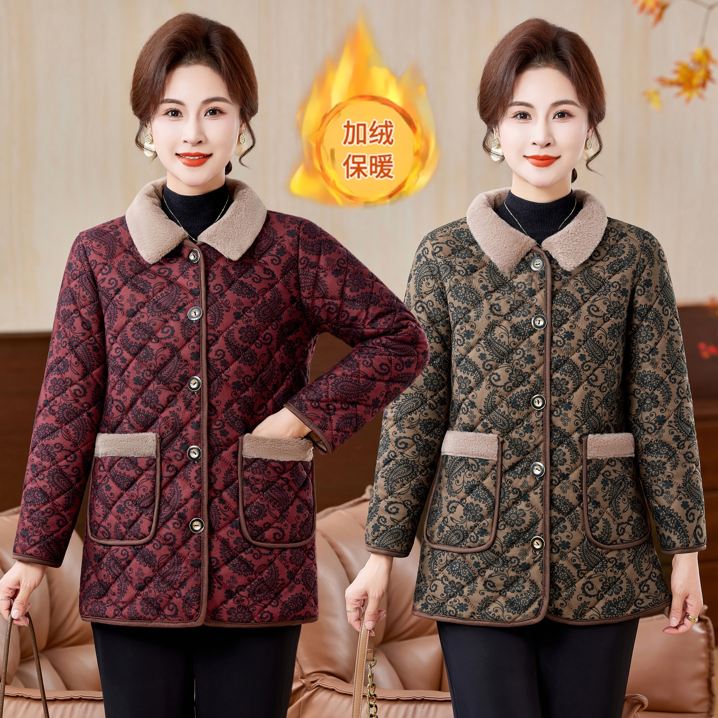 中老年女装大码棉袄外套保暖棉服翻领棉袄妈妈冬装加绒加厚棉衣