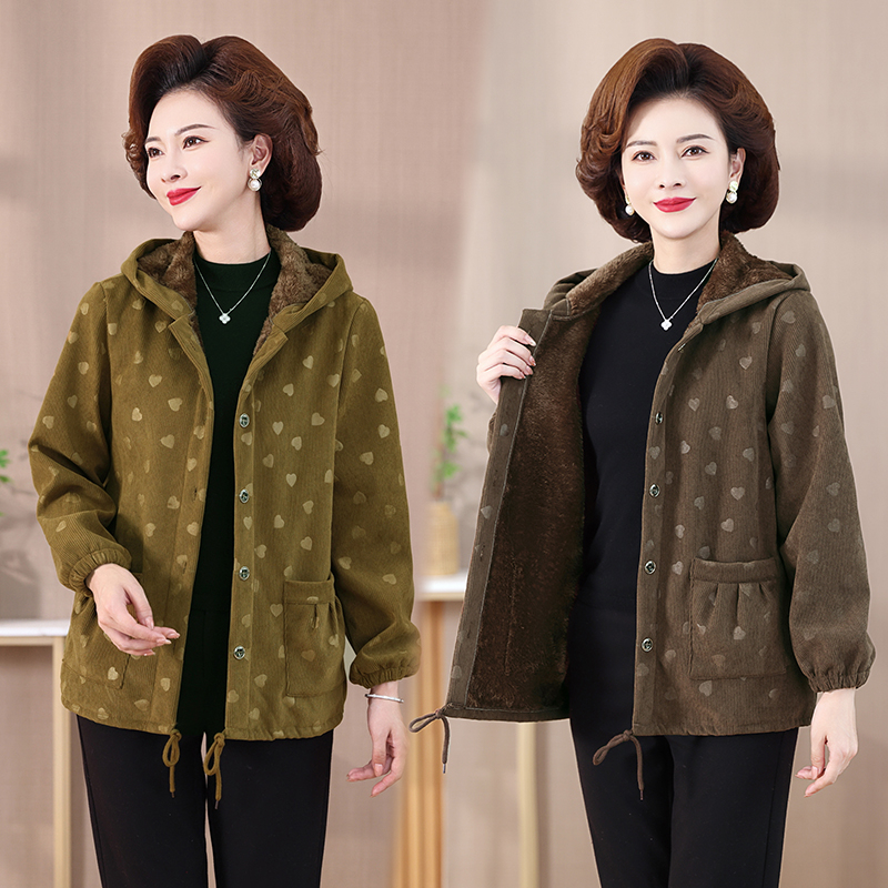 妈妈秋冬加绒外套洋气棉衣新款连帽短款中老年女冬装大码加厚棉袄