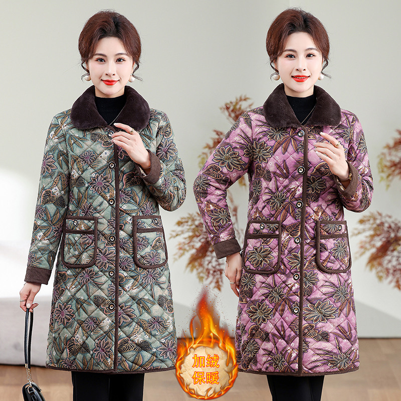 中老年人秋冬季加绒加厚印花翻领棉衣中长款妈妈保暖大码棉服外套