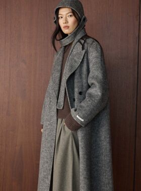 有乐冬季新款韩系复古带帽子双面呢羊毛大衣宽松廓形长款外套女