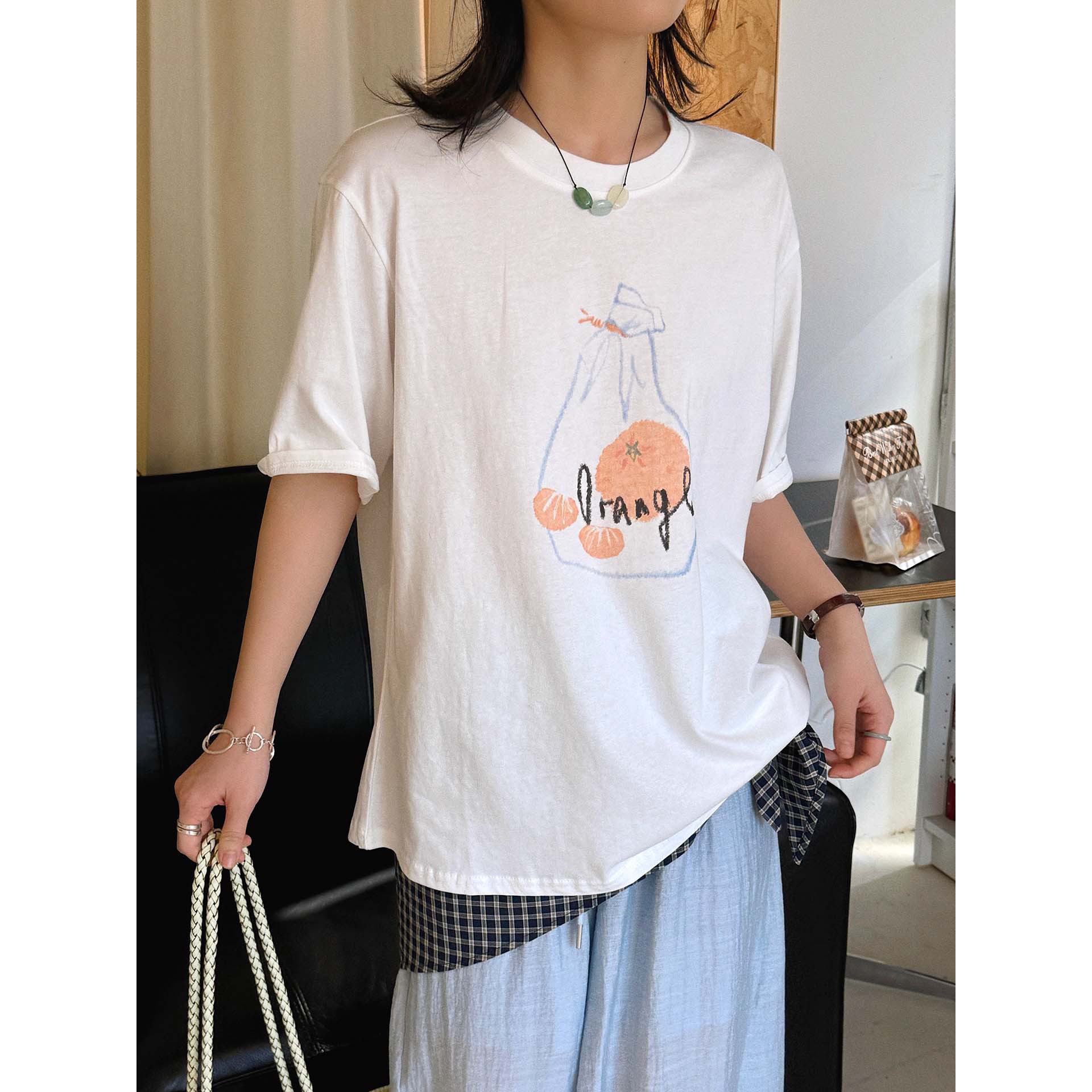 有乐夏季新款韩系清新松弛感圆领橘子手绘印花t恤显瘦清爽上衣女