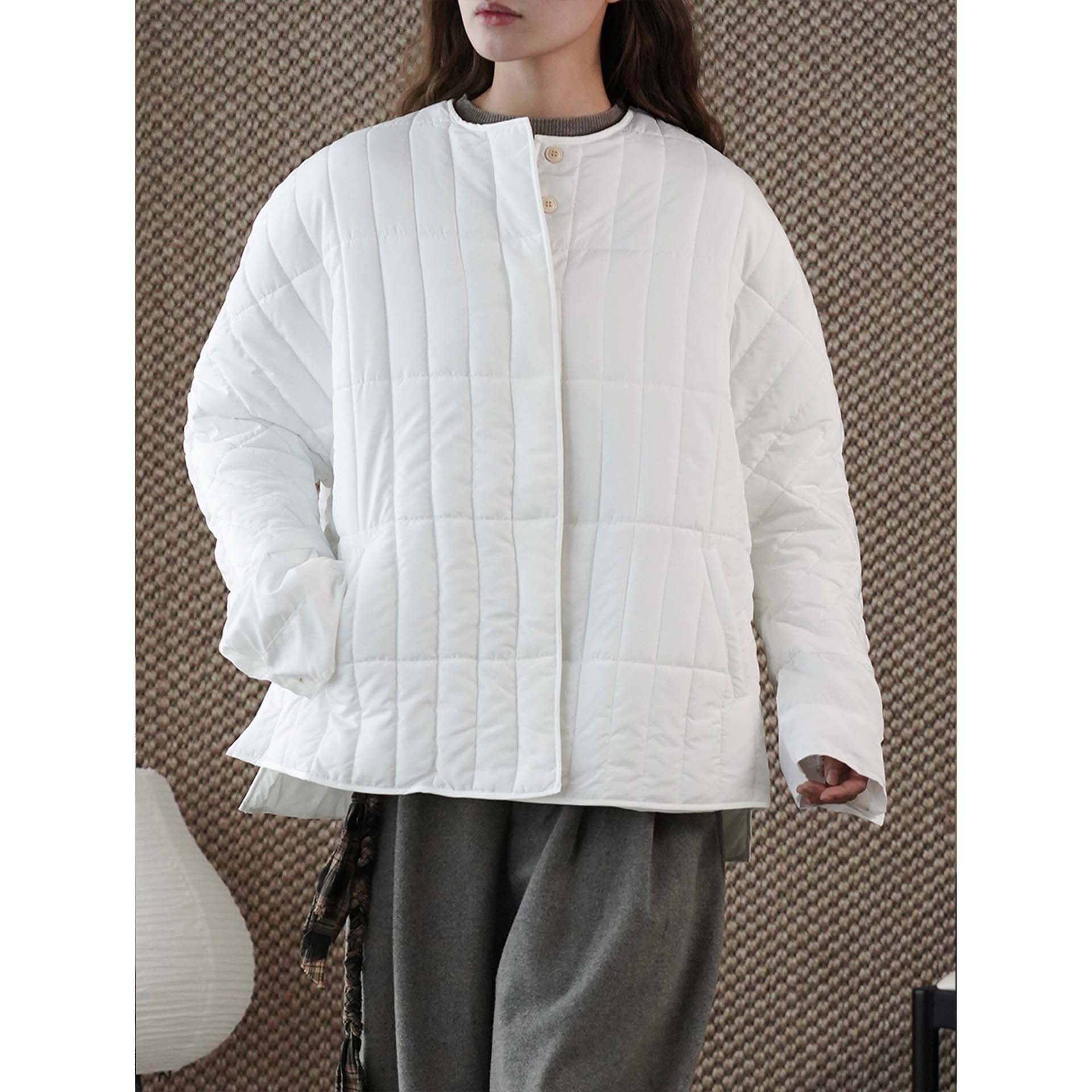 有乐冬季新款日系简约衔缝单排扣夹棉棉服廓形宽松保暖休闲外套女