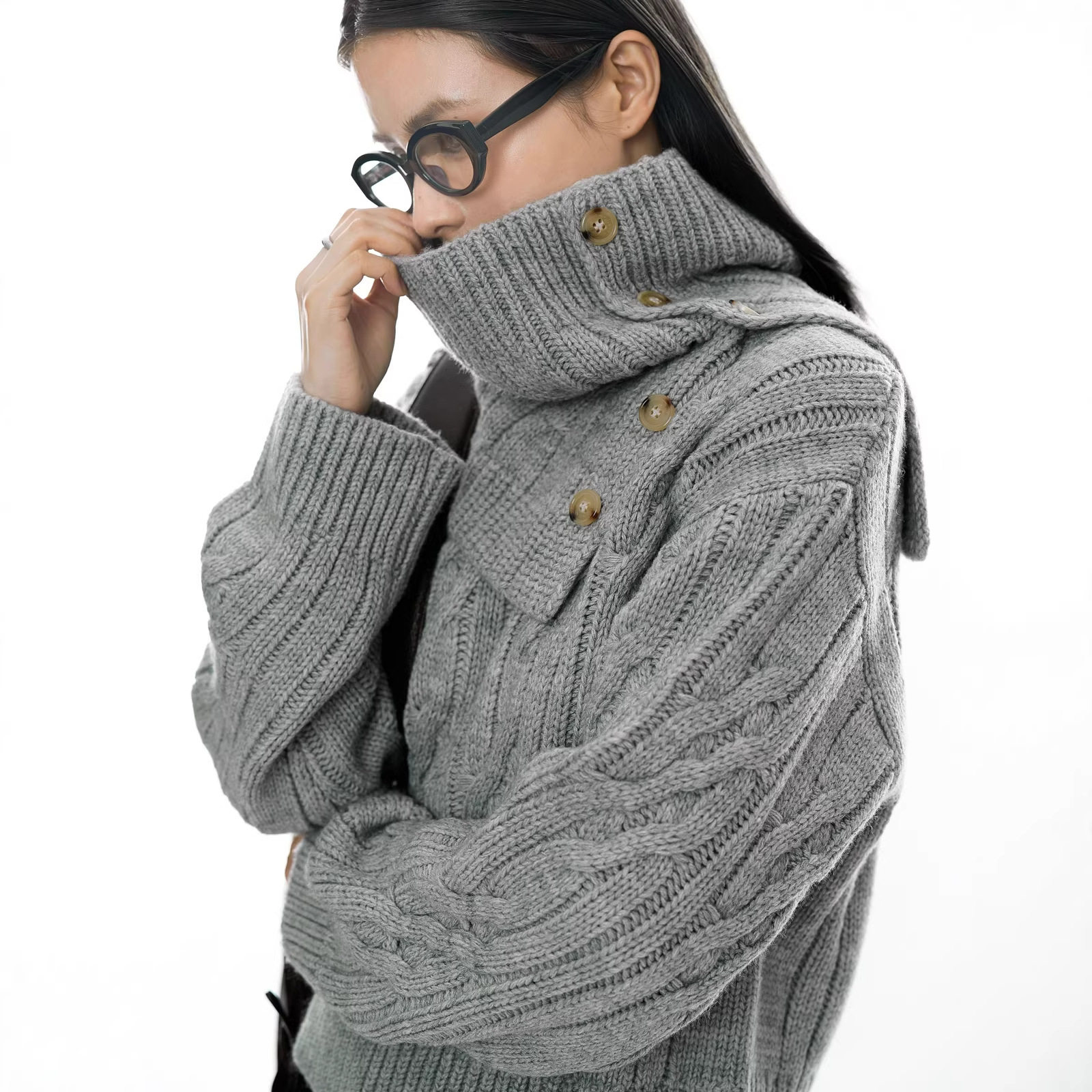 有乐早春新款韩系时髦绞花羊毛围脖毛衣两件套厚实保暖套头上衣女