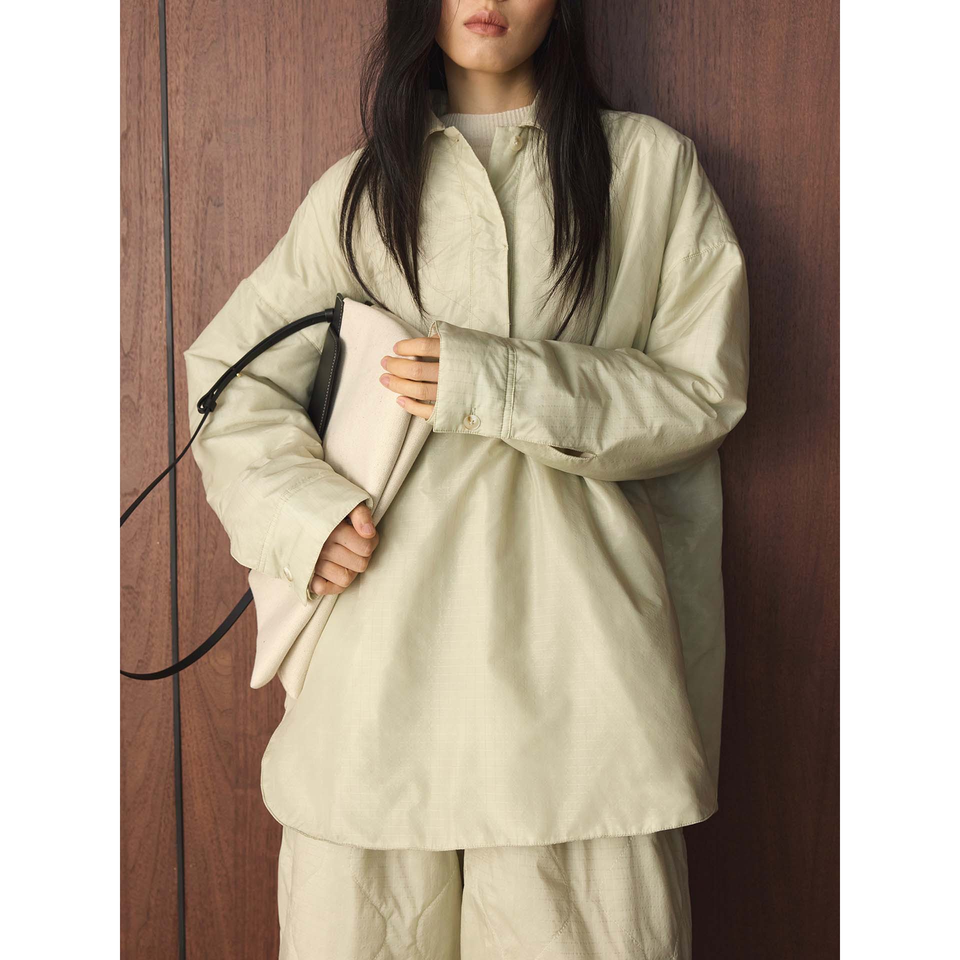 有乐冬季新款日系简约时髦夹棉暗格衬衫棉服廓形宽松舒适外套女