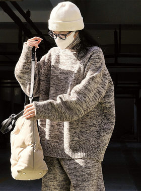 有乐冬季新款韩版复古慵懒羊毛花纱高领毛衣宽松廓形保暖套头上衣