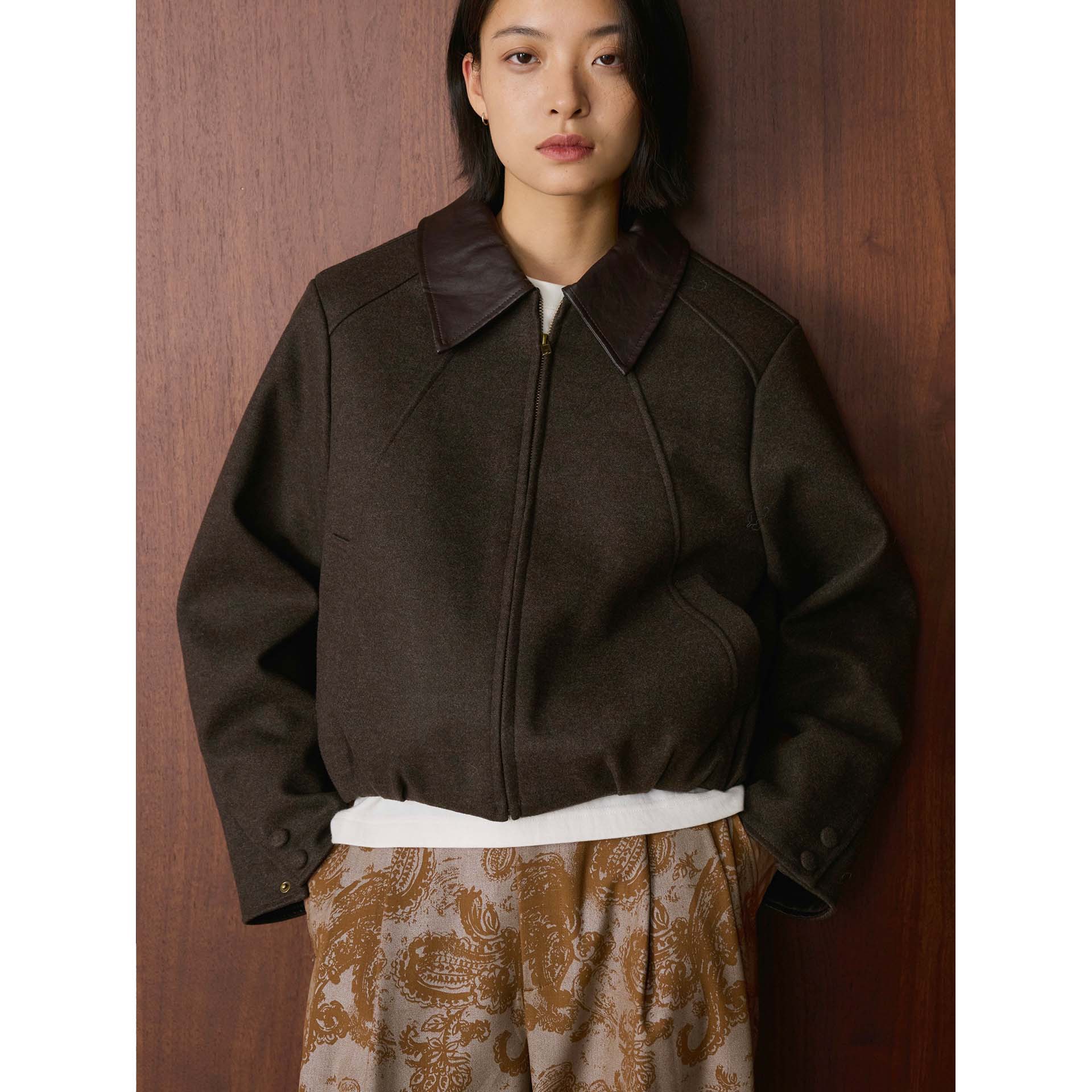 有乐冬季新款韩版复古时髦pu拼接领短款毛呢夹克舒适休闲外套女