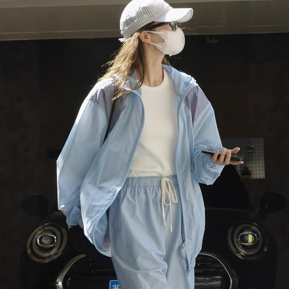 有乐春夏新款韩版休闲运动风撞色连帽防晒夹克轻薄透气外套女