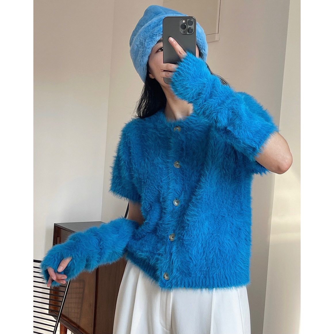 有乐自留款冬季新款韩版慵懒风五分袖袖套针织毛衣两件套休闲上衣