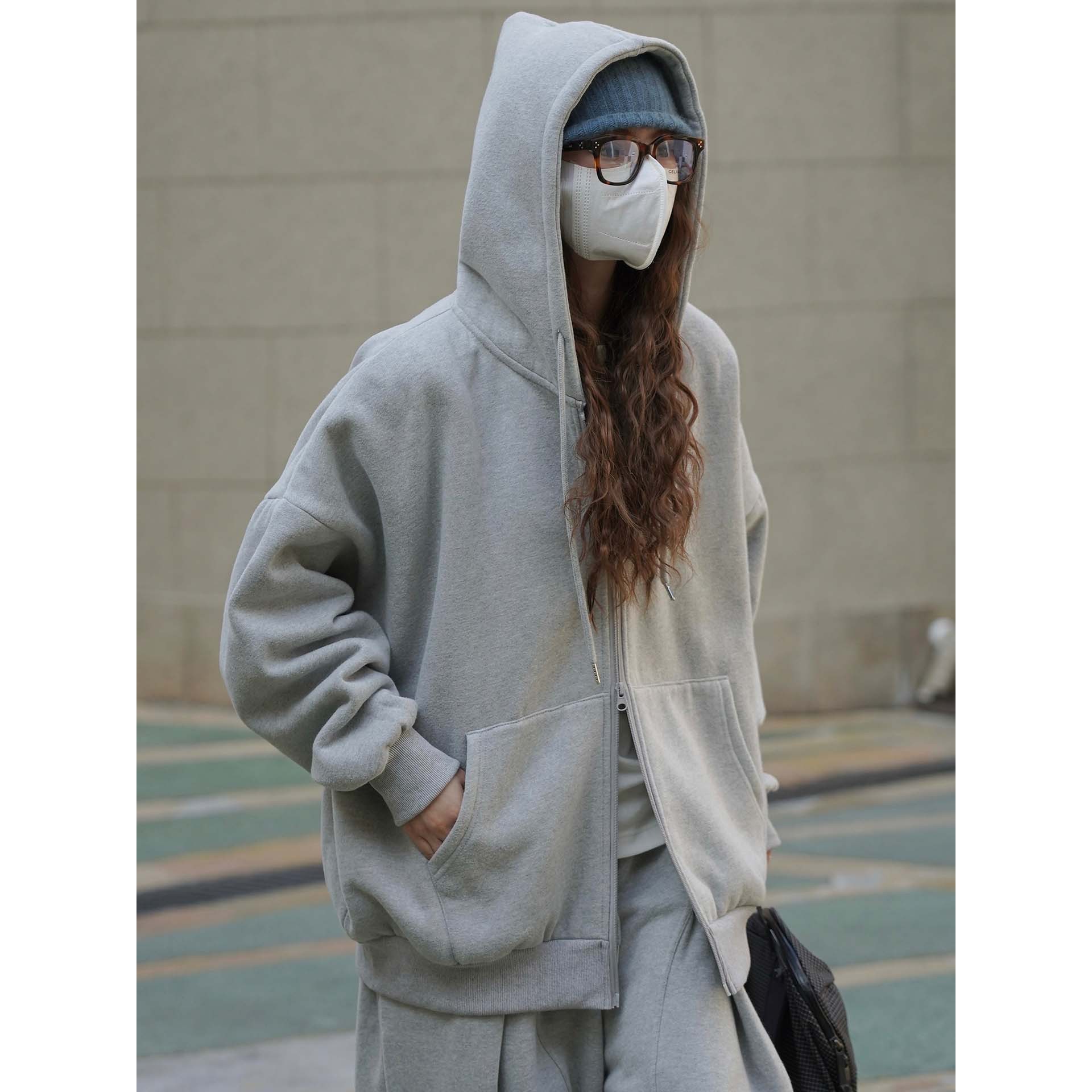 有乐冬季新款韩版简约对称口袋抓绒连帽卫衣宽松休闲佰搭上衣女