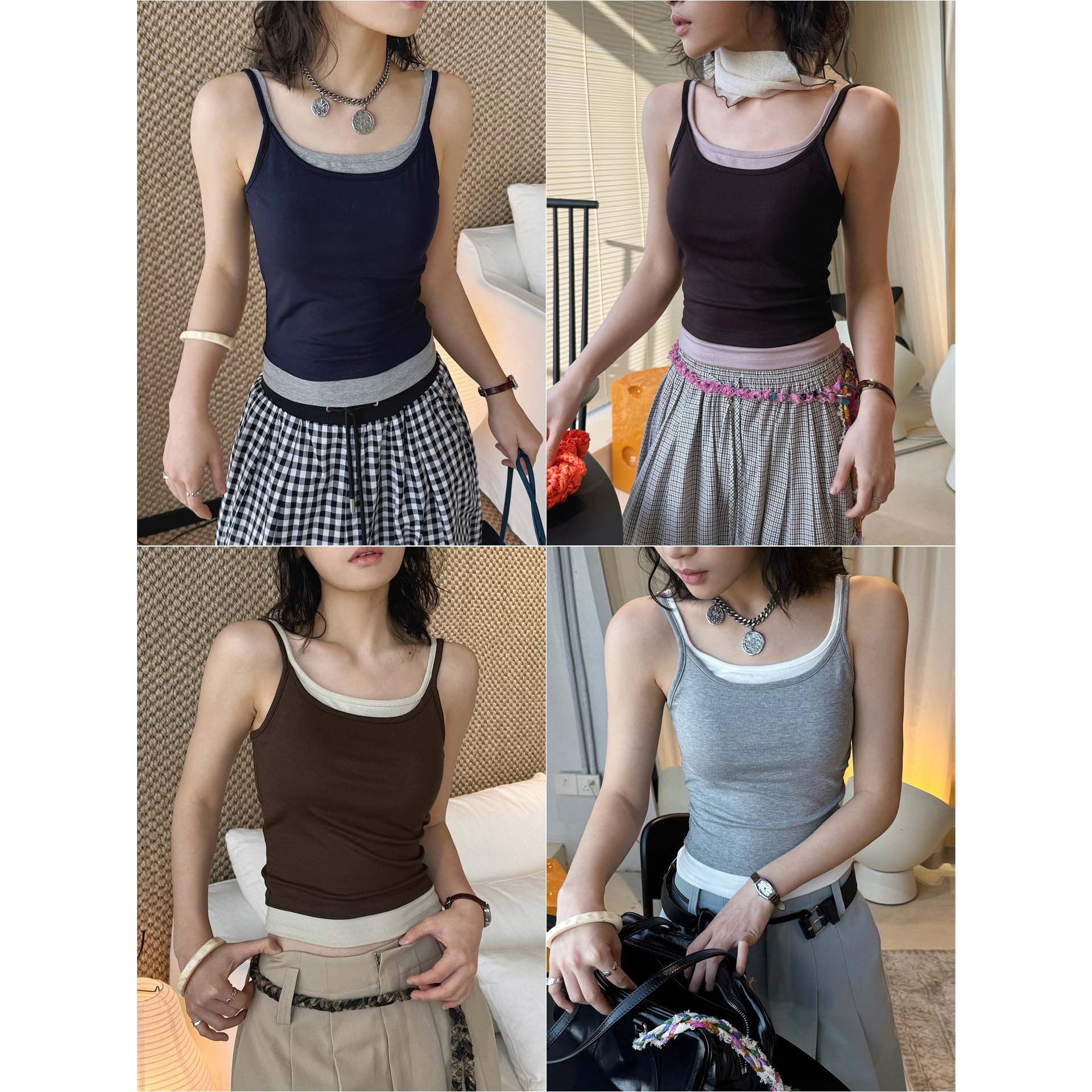 有乐春夏新款美式设计感双肩带撞色镂空美背吊带修身显瘦上衣女