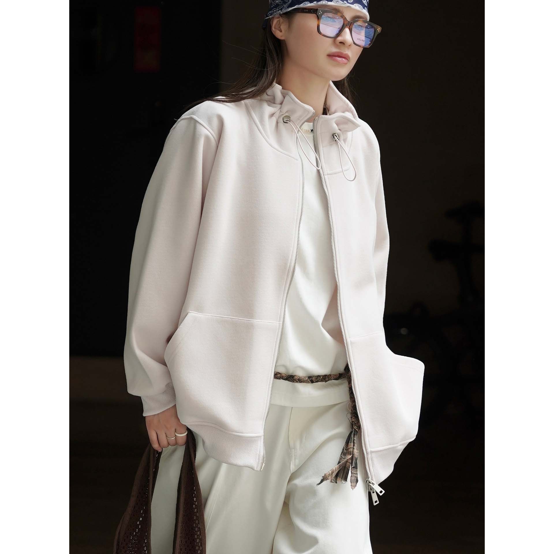 有乐秋冬新款韩系时髦松弛感立领可抽绳莼色卫衣宽松大版外套女