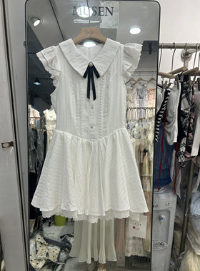 法式温柔风白色小飞袖收腰连衣裙女夏季甜辣妹初恋公主蓬蓬短裙子