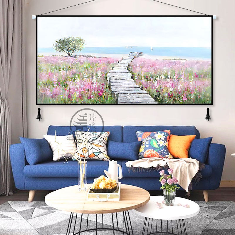 定制大幅油田横版中式背景墙风景布艺挂画客厅卧室酒店挂布挂毯