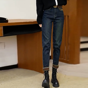 小个子哈伦裤 复古牛仔裤 高腰花纹设计感加绒老爹裤 新款 女2025冬季