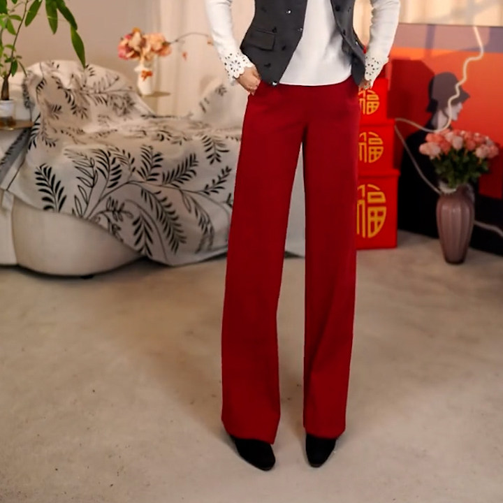 红色高腰阔腿羊毛裤女2025冬季新款垂感显瘦洋气休闲窄版直筒裤,女装/女士精品,大码裤装,淘宝优惠券,粉丝福利购,淘宝优惠卷