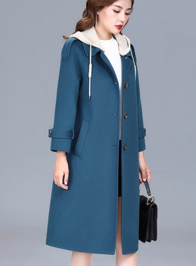 新款秋冬羊毛大衣女中长过膝带帽休闲毛呢外套女洋气妈妈装15659