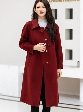 2025秋冬新款红色双面呢羊绒大衣女中长宽松一字领羊毛高端15778