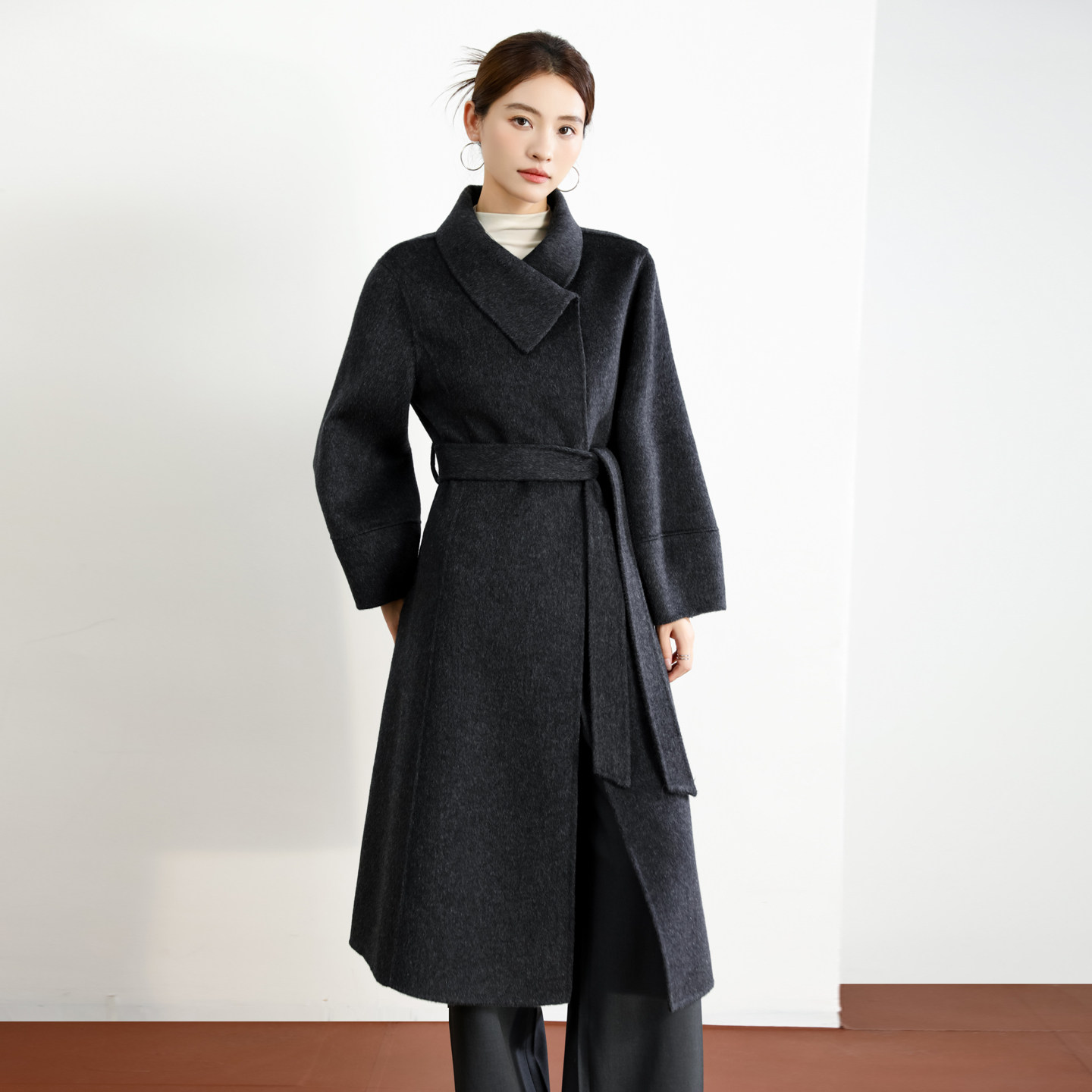 2025秋冬款灰色双面羊绒大衣女中长款宽松赫本风羊毛呢外套15801