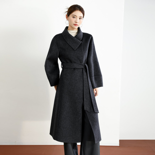 2025秋冬款灰色双面羊绒大衣女中长款宽松赫本风羊毛呢外套15801