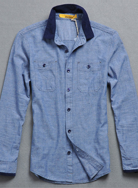 【170码】Dandy 男装纯色棉麻料时尚韩版修身 男士长袖休闲衬衫衣