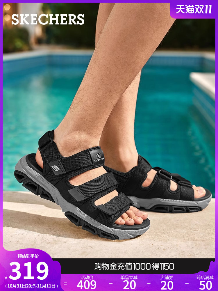 SKECHERS 남성 신발 벨크로 샌들 캐주얼 야외 신발 다목적 단순하고 편안한 오픈 발가락 비치 신발