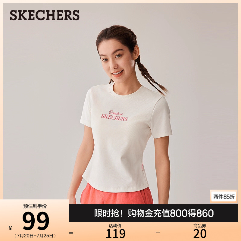 斯凯奇2025新款夏季女印花针织T恤修身显瘦时尚休闲百搭短袖上衣