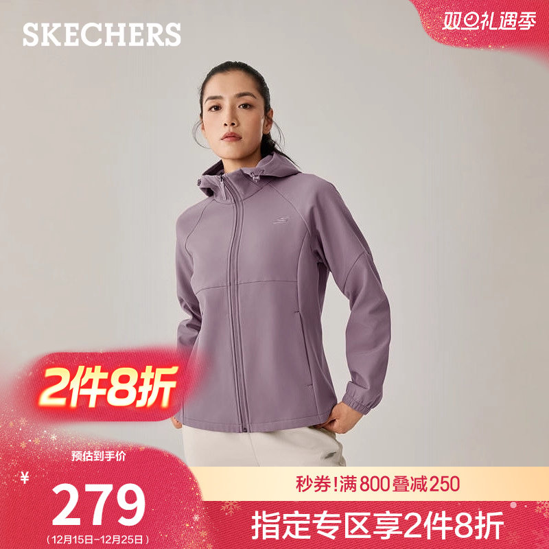 斯凯奇2025秋冬新品女款蓄热加绒保暖连帽外套防泼水运动休闲夹克