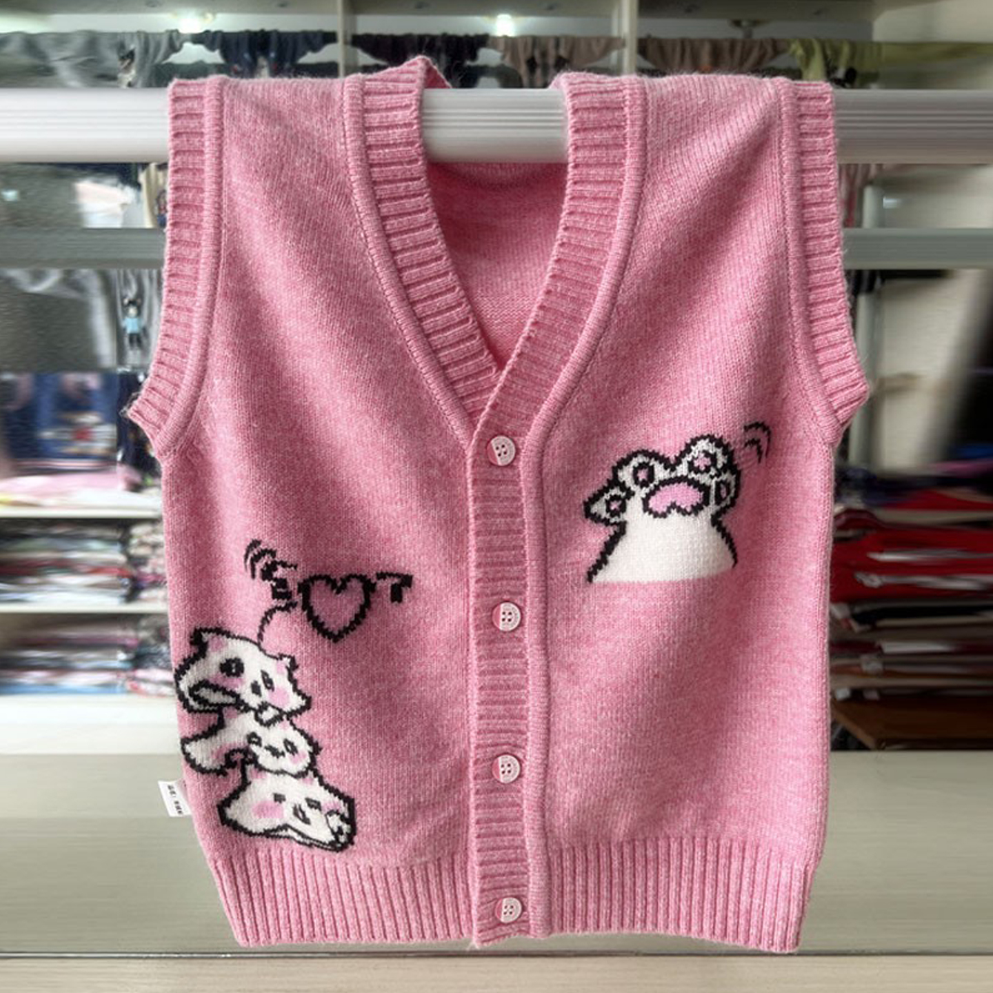 新款女童V领开衫马甲儿童羊绒衫背心女宝卡通毛衣外套保暖针织衫