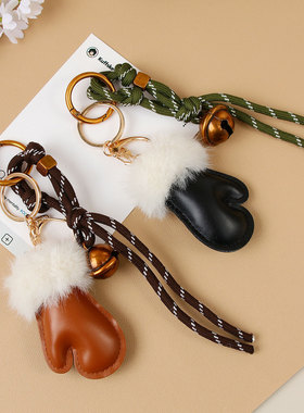 时尚个性毛绒可爱小手套包包挂件miu系铃铛编织绳钥匙扣挂饰配件