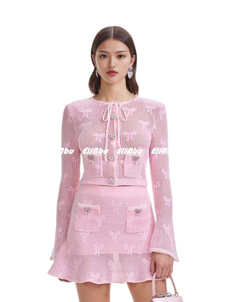 thumbnail for In Stock Selfsp Jisoo's Same Style 025 Christmas and New Year Pink Bow Knitted Top and Short Skirt