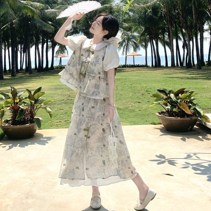 女装夏装套装2026新款女士夏季新中式娃娃领碎花裙子网红两件套潮