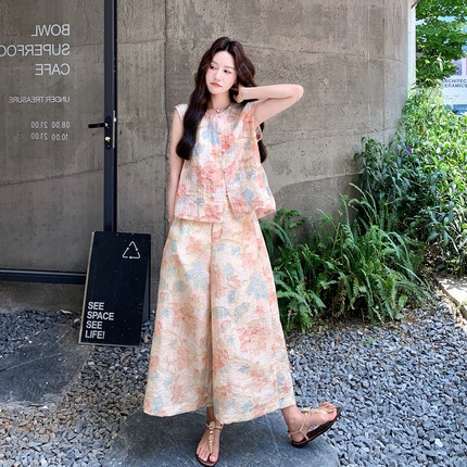 女装夏装套装2026新款女士夏季网红洋气新中式天丝亚麻阔腿两件套
