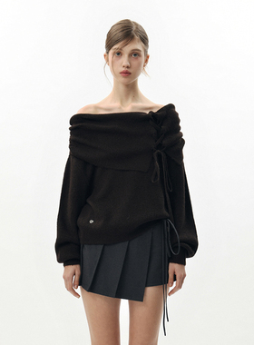 韩国pain or pleasure复古露肩一字领针织毛衣女春季新款系带上衣