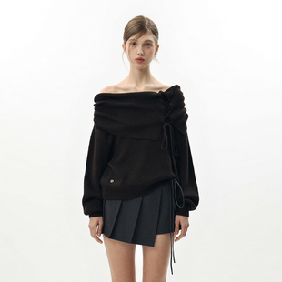 韩国pain or pleasure复古露肩一字领针织毛衣女春季新款系带上衣