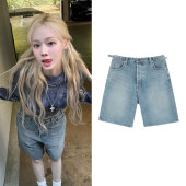 女夏宽松五分裤 aespa calie水洗做旧直筒牛仔短裤 asif winter同款