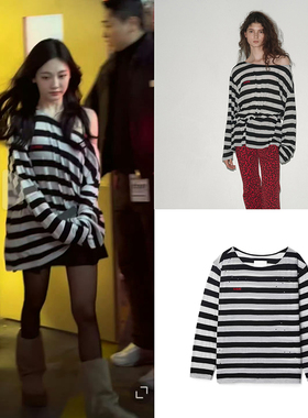 aespa宁艺卓同款韩国seo复古条纹露肩长袖T恤女秋季宽松薄款上衣