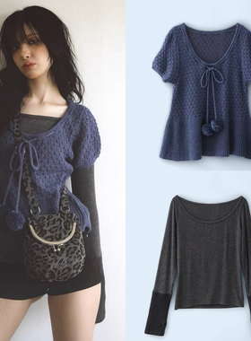 韩国badblue复古蓝色毛衣女春季新款泡泡袖甜美日系短袖针织上衣