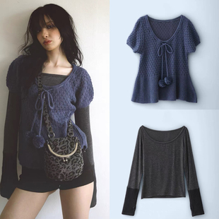 韩国badblue复古蓝色毛衣女春季新款泡泡袖甜美日系短袖针织上衣
