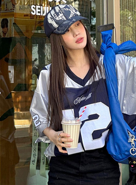 2000archives美式复古球衣短袖t恤女夏季宽松jazz跳舞插肩袖上衣